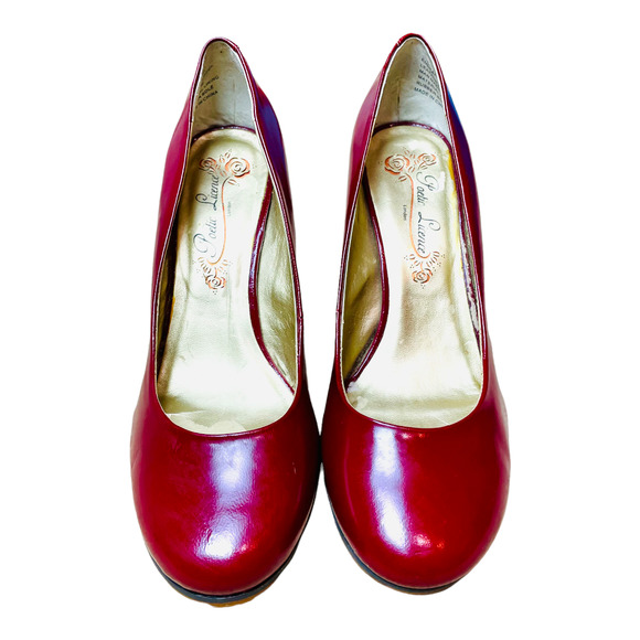 Poetic License Endearing Red Patent Leather Calf Hair Wedge Sz 7.5 - Picture 5 of 10